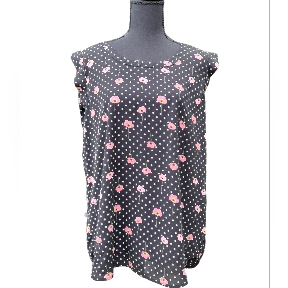 PLEIONE ANTHROPOLOGIE Poppy Floral Polka Dot Short Sleeve Blouse SIZE XL